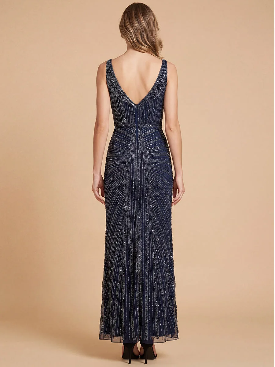 Beaded V-Neck Gown by Lara New York — style 9920