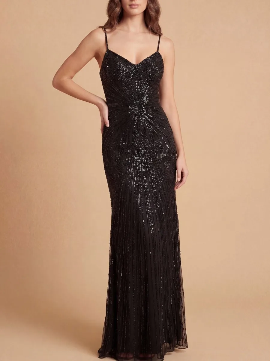 Detachable Straps Beaded Gown by Lara New York — style 9921 in Black