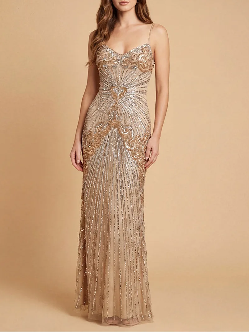 Detachable Straps Beaded Gown by Lara New York — style 9921 in Nude