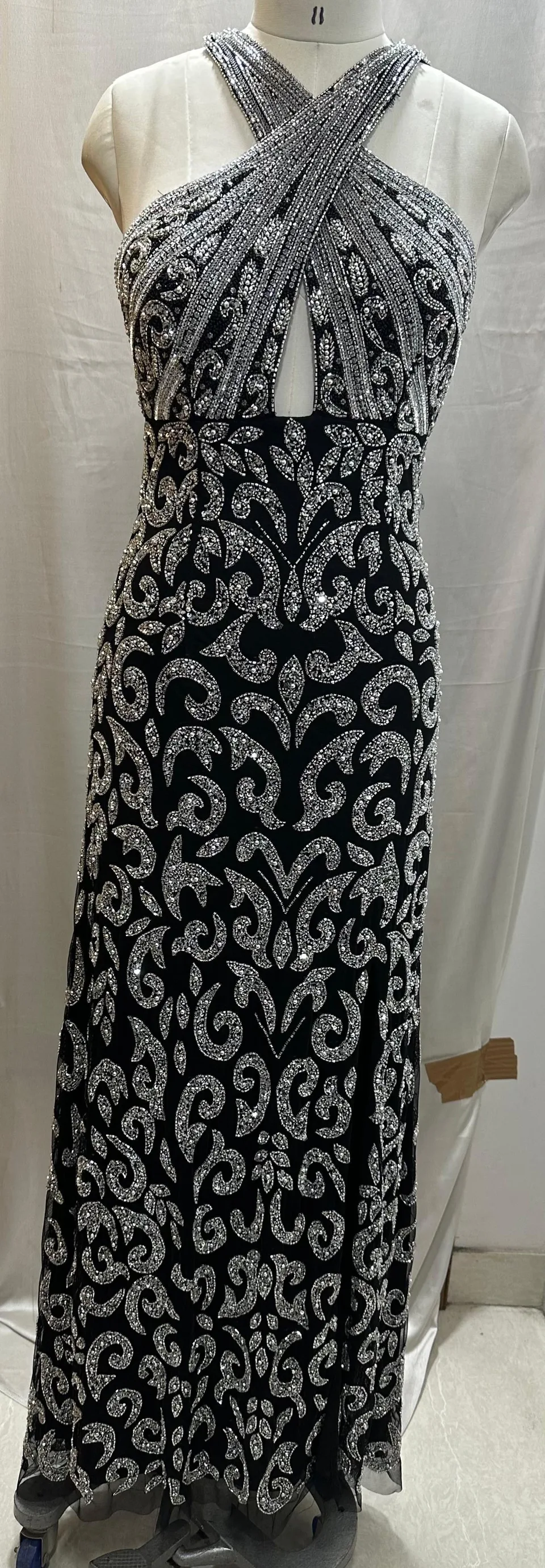 Beaded Cross Halter Dress by Lara New York — style 9922