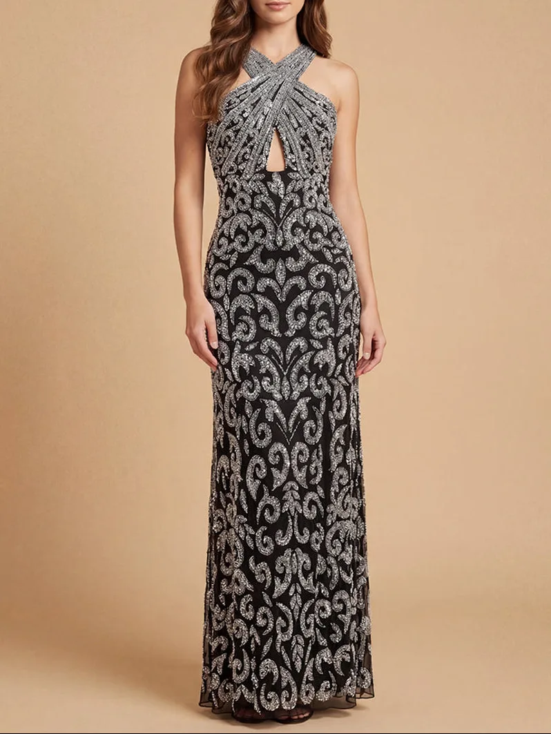Beaded Cross Halter Dress by Lara New York — style 9922 in Black/Silver