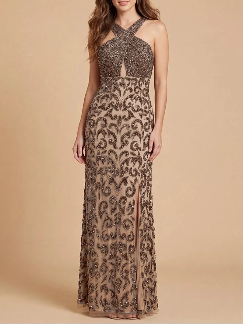 Beaded Cross Halter Dress by Lara New York — style 9922 in Nude/Gunmetal