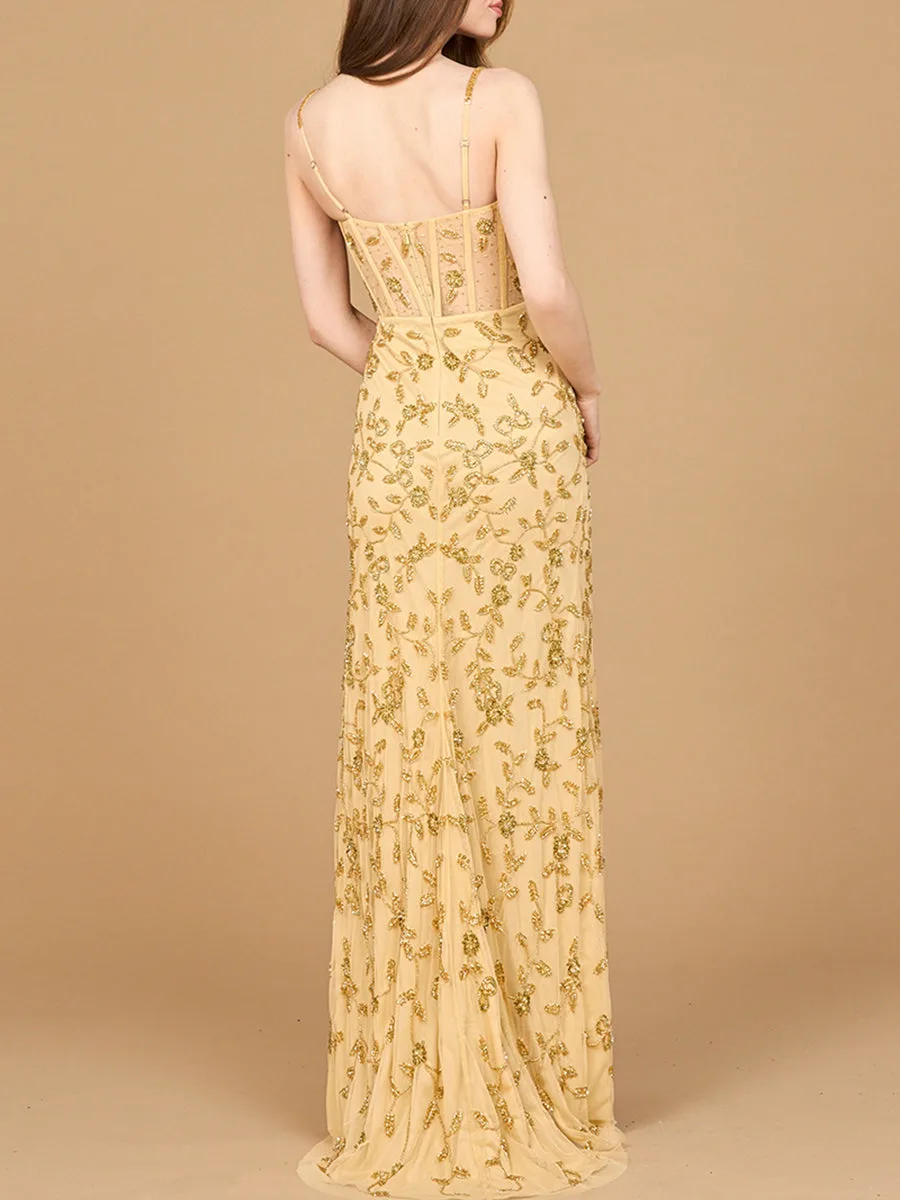 Beaded Corset Gown with Slit by Lara New York — style 9924