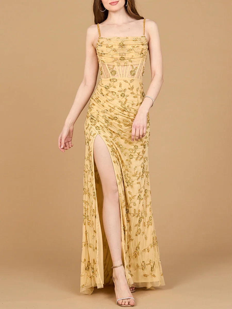 Beaded Corset Gown with Slit by Lara New York — style 9924 in Gold
