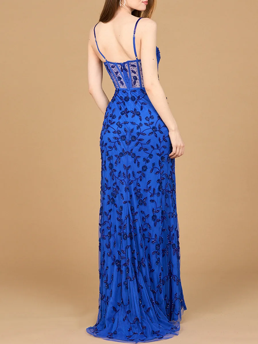 Beaded Corset Gown with Slit by Lara New York — style 9924