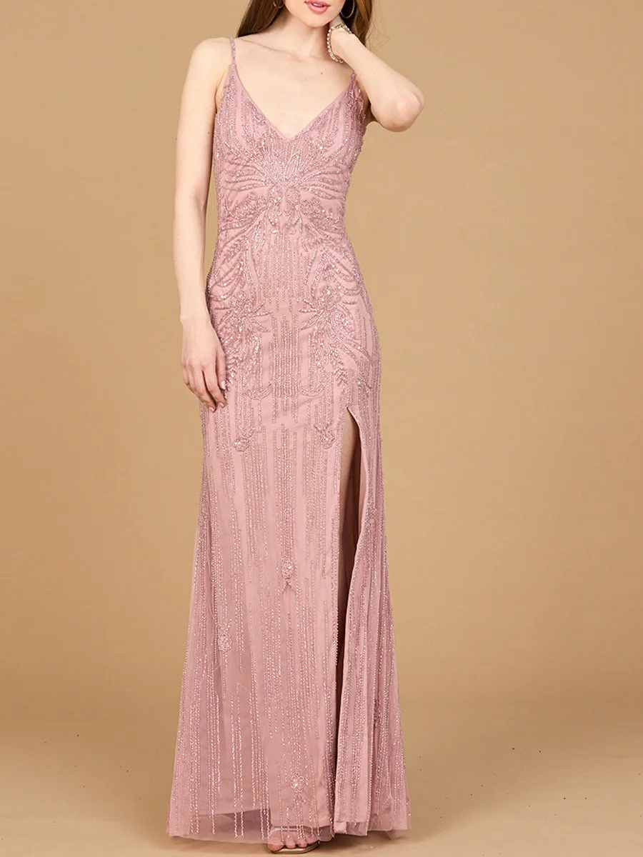 Beaded Lace-up Dress with Slit by Lara New York — style 9925 in Cashmere