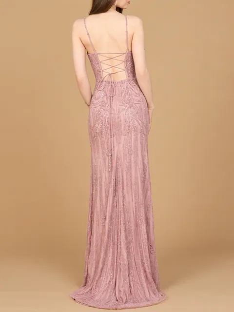 Beaded Lace-up Dress with Slit