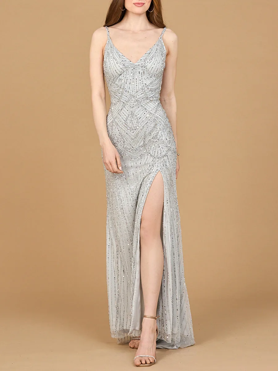 Beaded Lace-up Dress with Slit by Lara New York — style 9926 in Silver