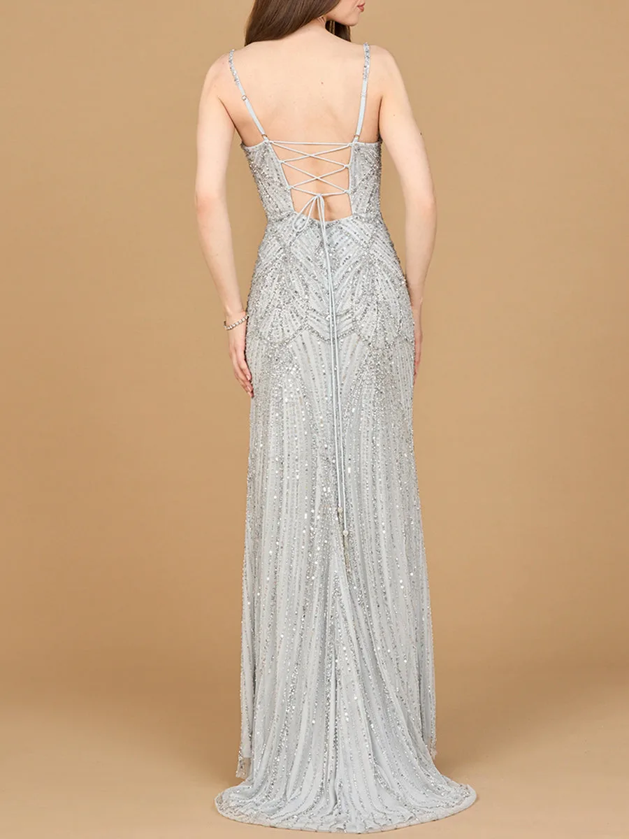 Beaded Lace-up Dress with Slit by Lara New York — style 9926
