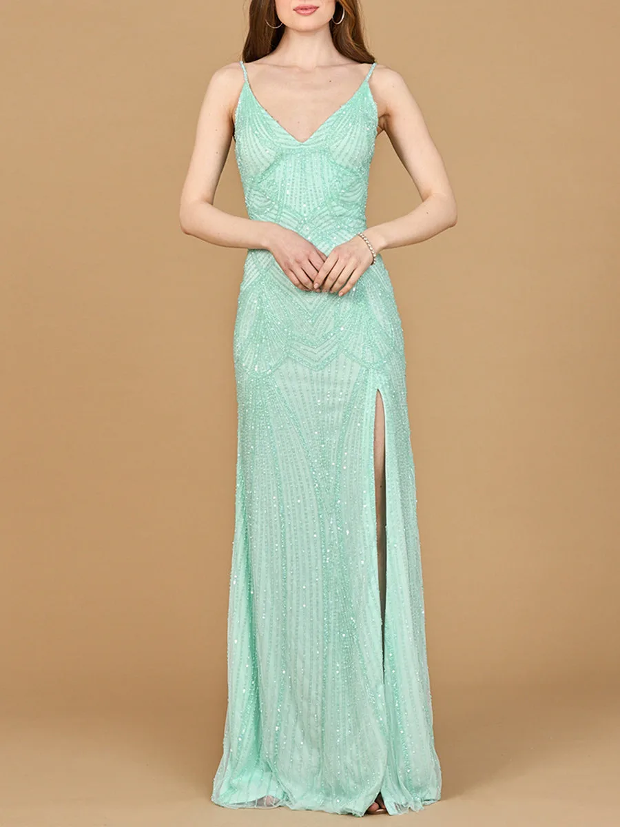 Beaded Lace-up Dress with Slit by Lara New York — style 9926 in Tiffany