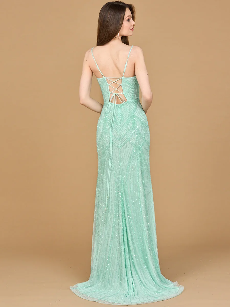 Beaded Lace-up Dress with Slit by Lara New York — style 9926