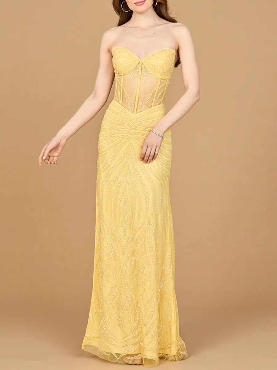 Beaded Corset Prom Dress with Slit by Lara New York — style 9928 in Lemon
