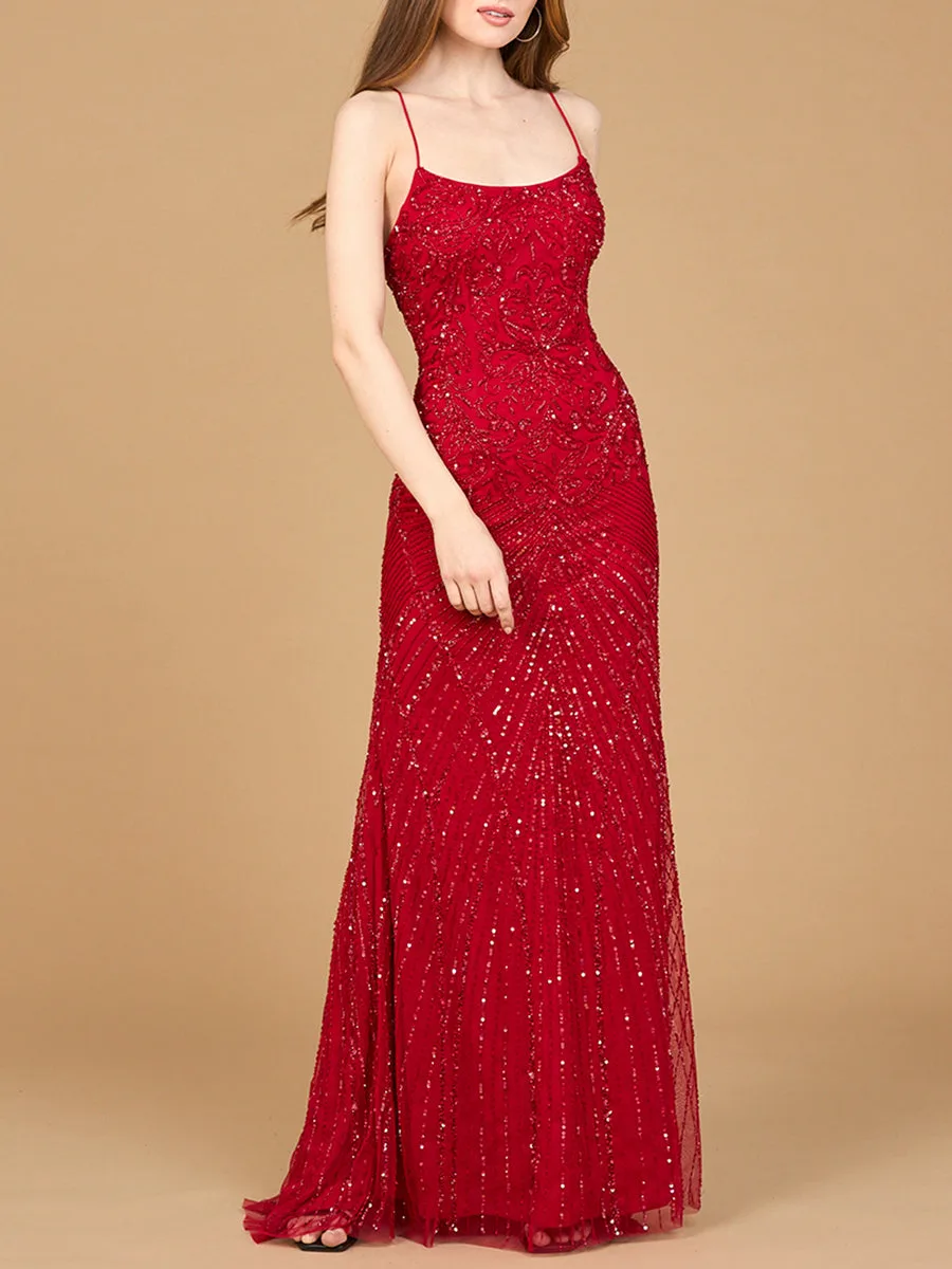 Lace Up Open Back Beaded Dress by Lara New York — style 9929 in Red