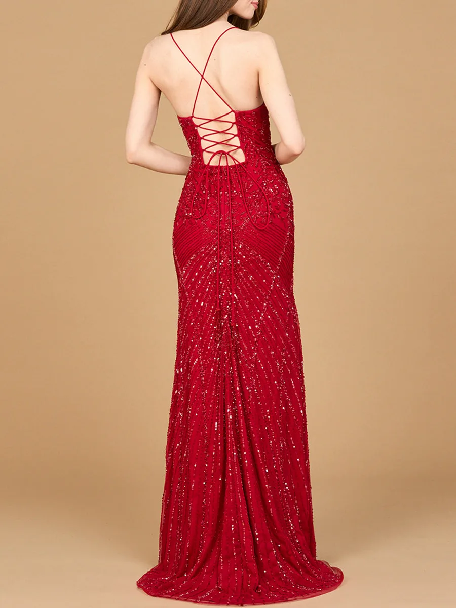 Lace Up Open Back Beaded Dress by Lara New York — style 9929