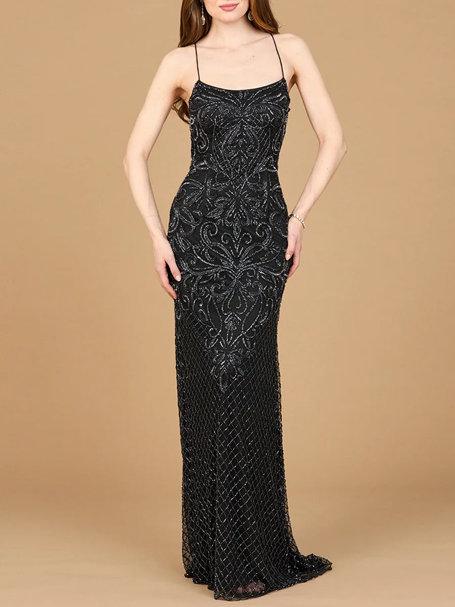 Lace Up Open Back Beaded Dress by Lara New York — style 9930 in Black/Gunmetal