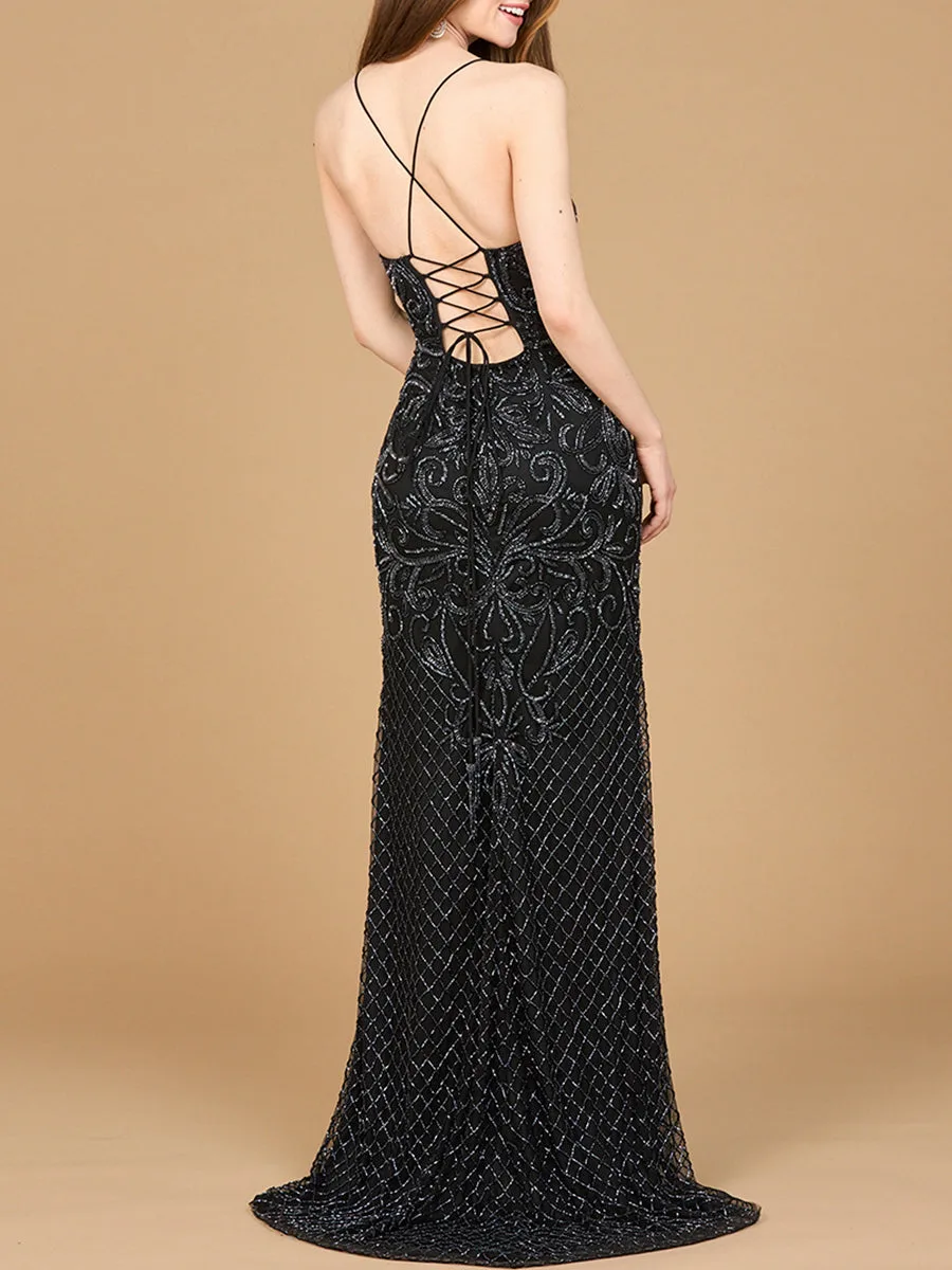 Lace Up Open Back Beaded Dress by Lara New York — style 9930