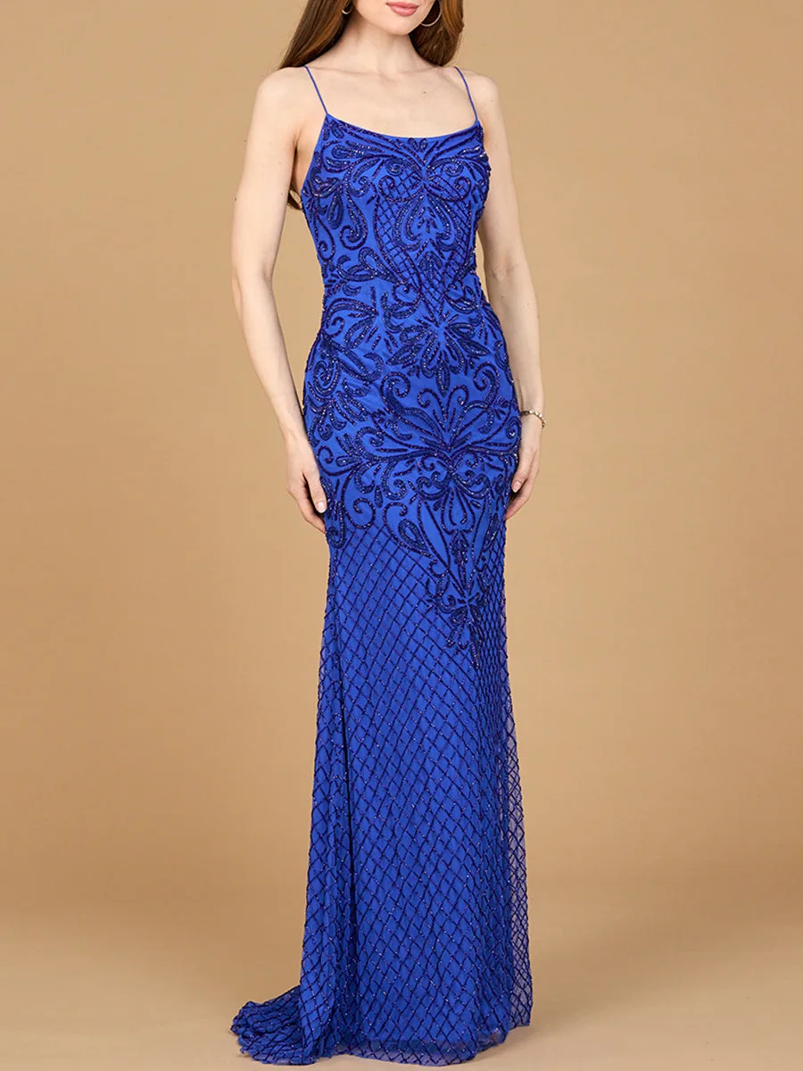 Lace Up Open Back Beaded Dress by Lara New York — style 9930 in Royal