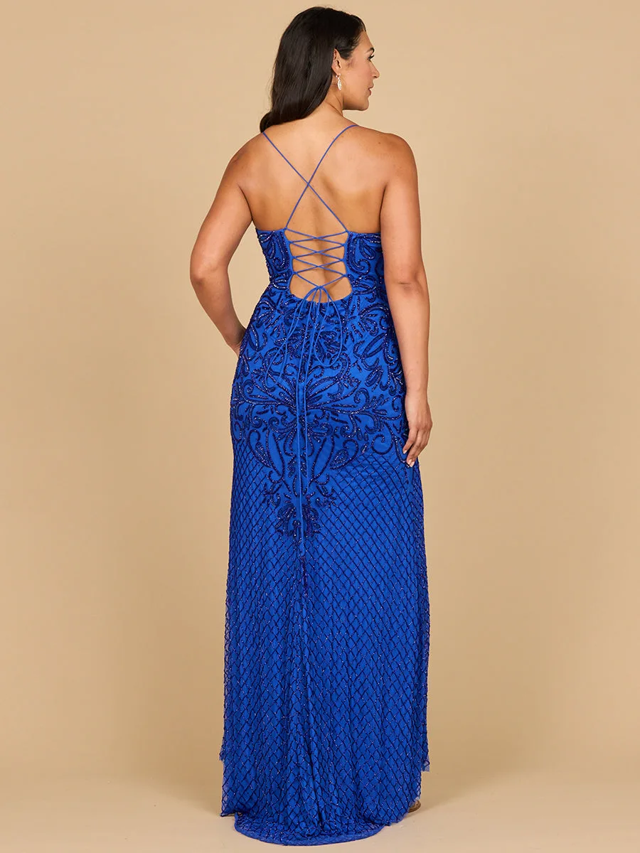 Lace Up Open Back Beaded Dress by Lara New York — style 9930
