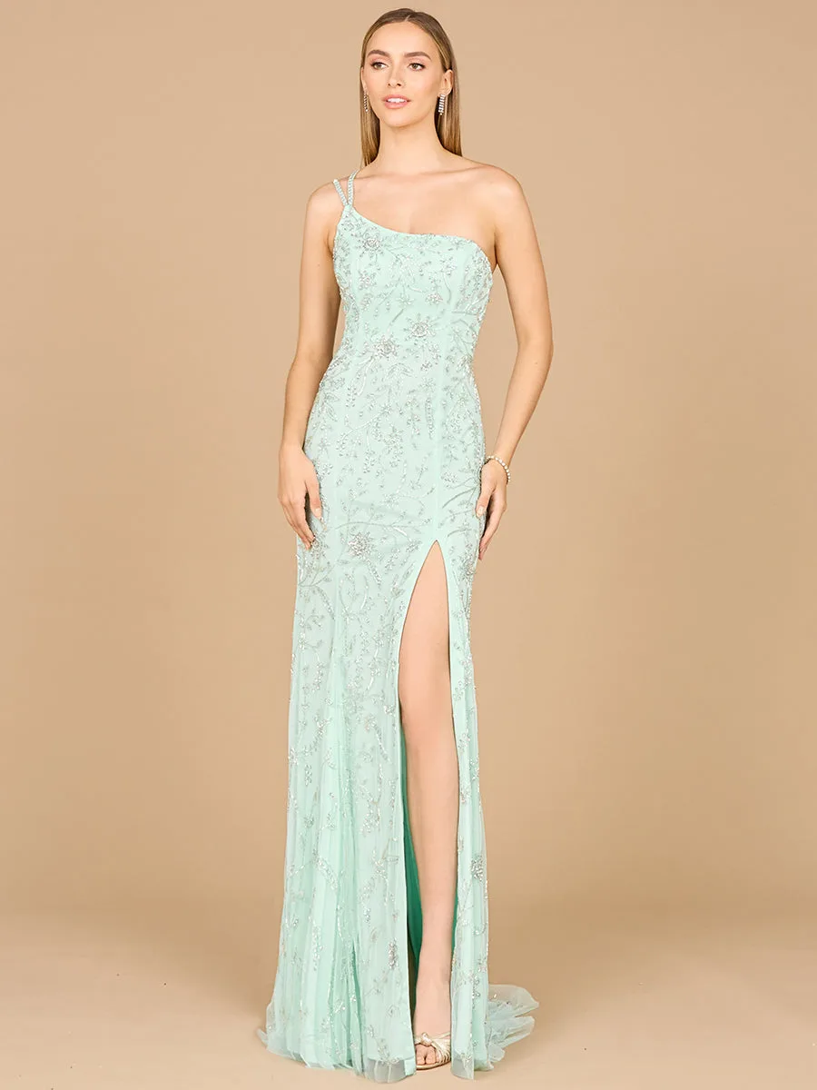 One Shoulder Beaded Gown with Slit by Lara New York — style 9938 in Mint