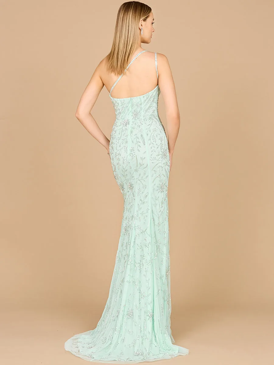 One Shoulder Beaded Gown with Slit by Lara New York — style 9938