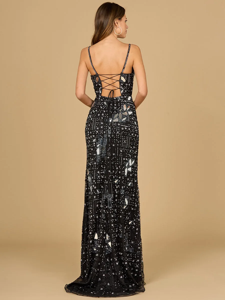 Mirror Beaded Gown With High Slit by Lara New York — style 9939