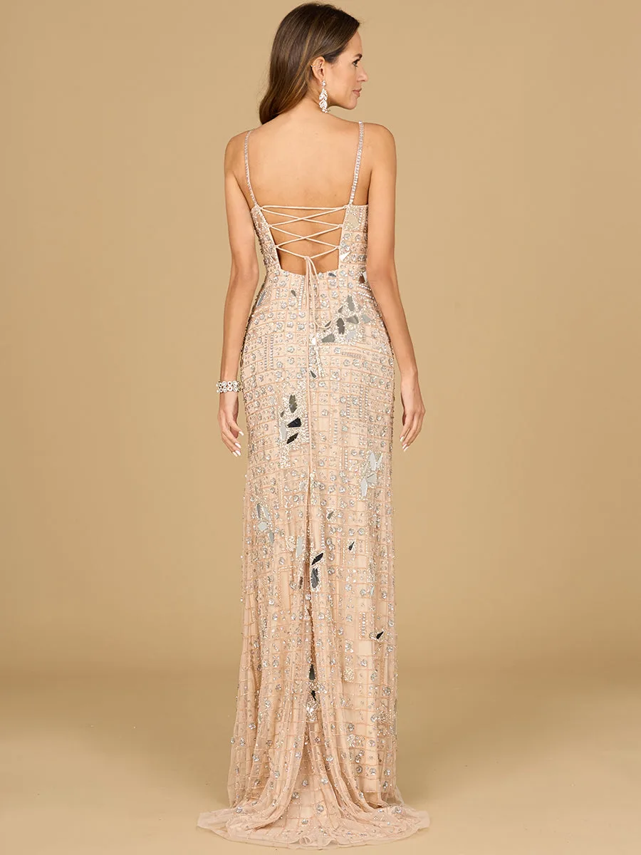 Mirror Beaded Gown With High Slit by Lara New York — style 9939