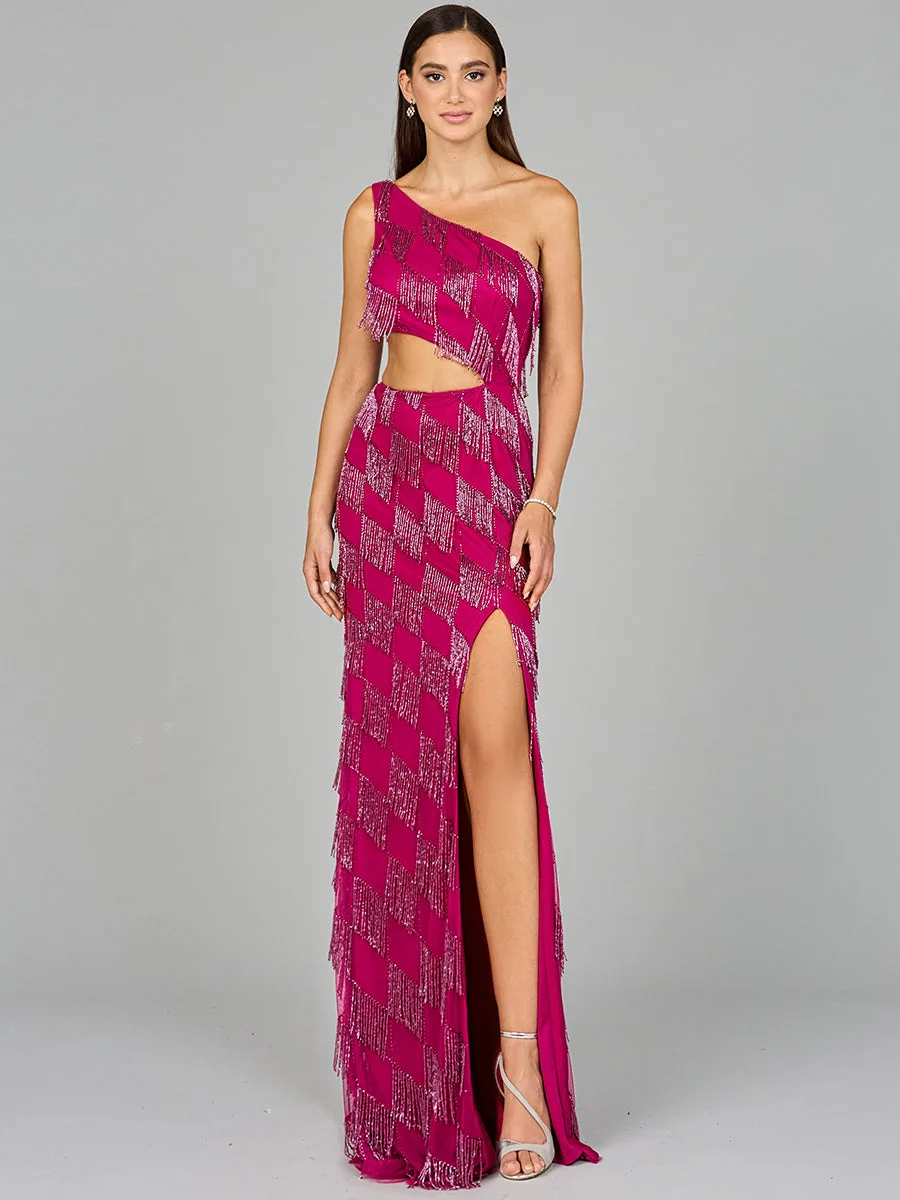 One Shoulder Fringe Gown by Lara New York — style 9940 in Raspberry