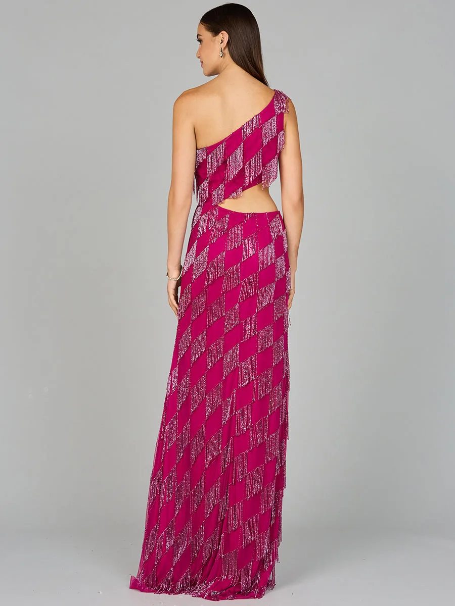 One Shoulder Fringe Gown by Lara New York — style 9940