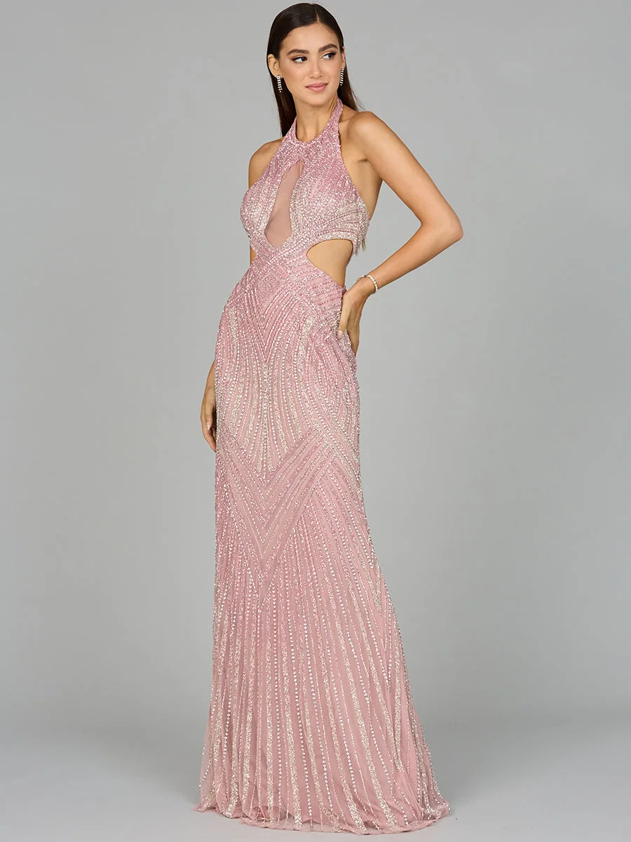 Halter Neck Beaded Dress with Cutouts by Lara New York — style 9943 in Cashmere