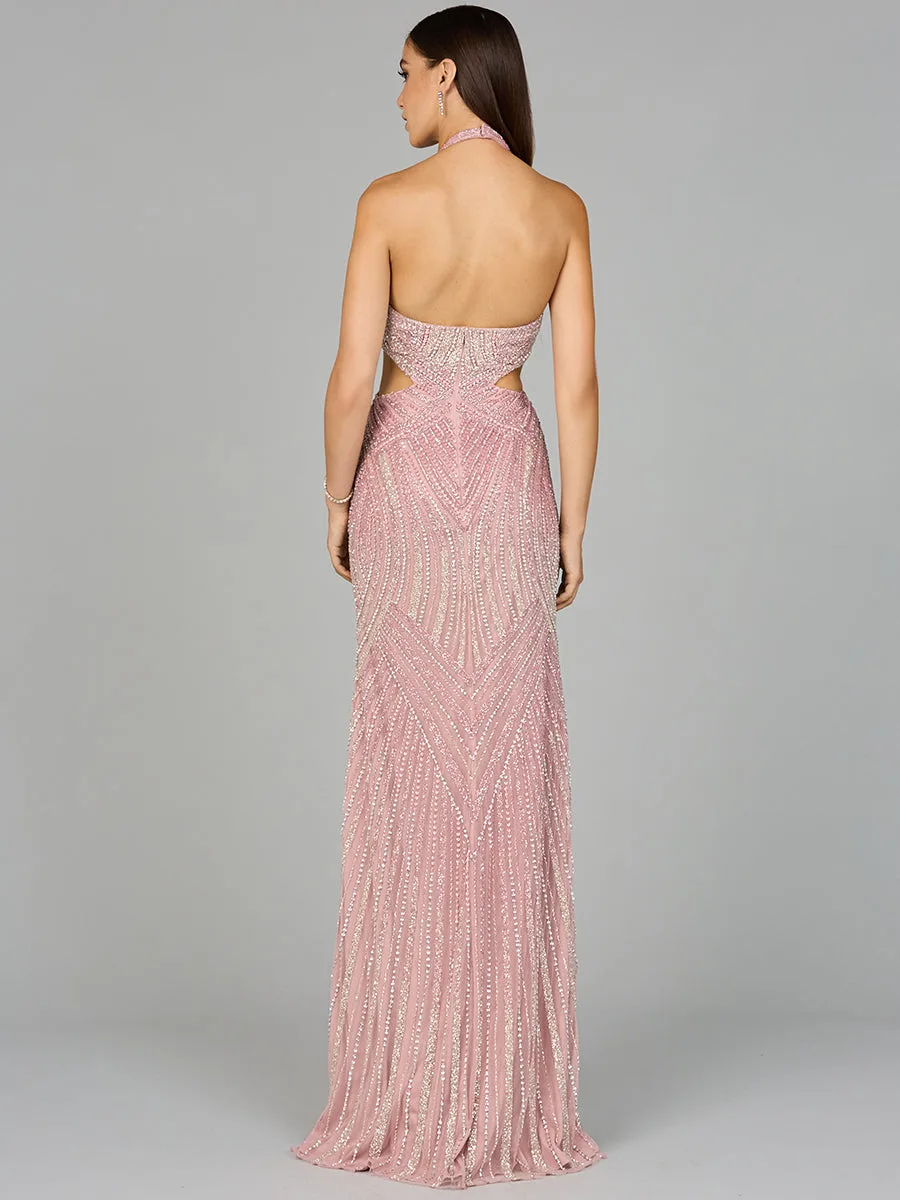 Halter Neck Beaded Dress with Cutouts by Lara New York — style 9943