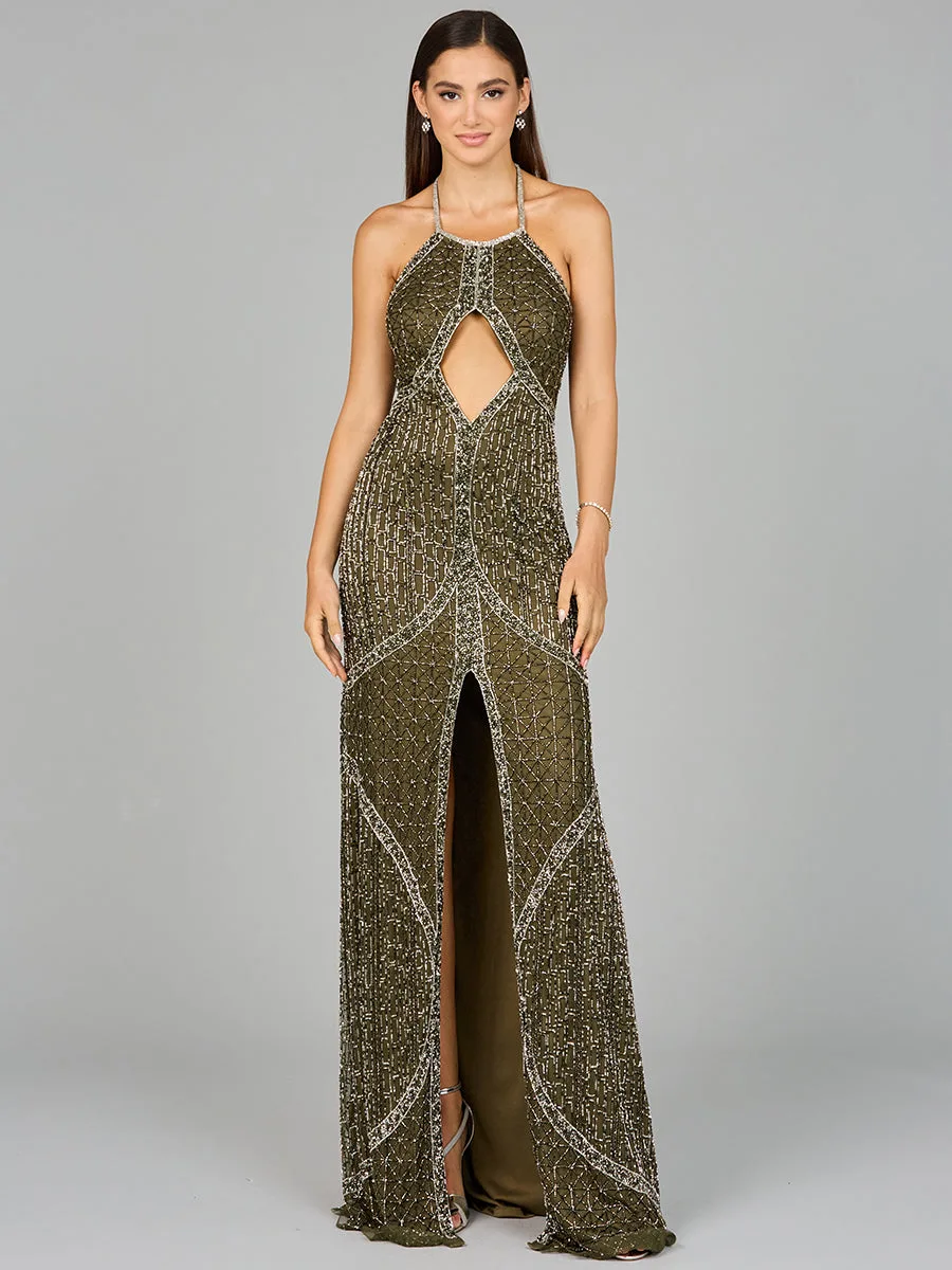 Symmetrical Halter Neck Beaded Gown by Lara New York — style 9945 in Olive
