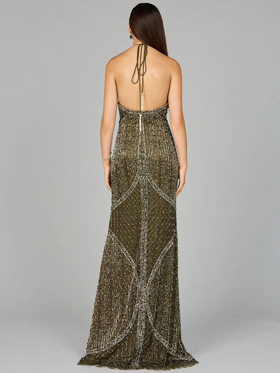Symmetrical Halter Neck Beaded Gown by Lara New York — style 9945