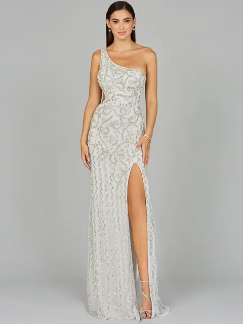 One-Shoulder Beaded Gown with Slit