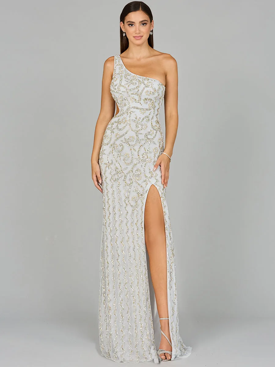 One-Shoulder Beaded Gown with Slit by Lara New York — style 9947 in Silver