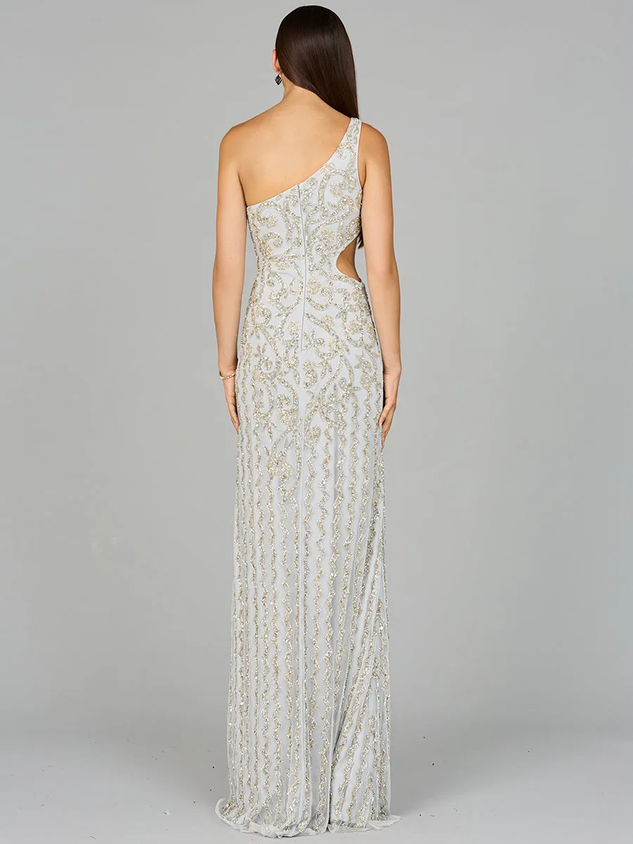 One-Shoulder Beaded Gown with Slit by Lara New York — style 9947