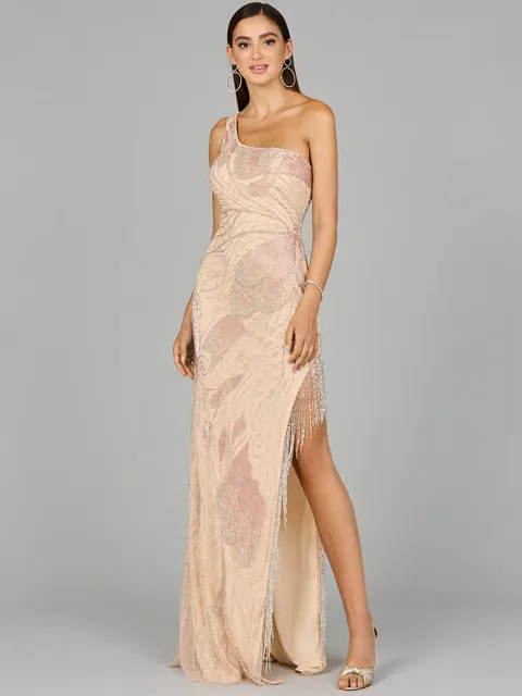 One Shoulder Beaded Gown with Fringe Slit