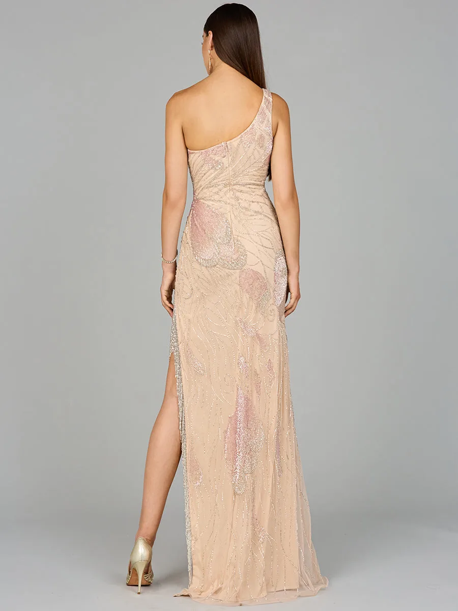 One Shoulder Beaded Gown with Fringe Slit by Lara New York — style 9948