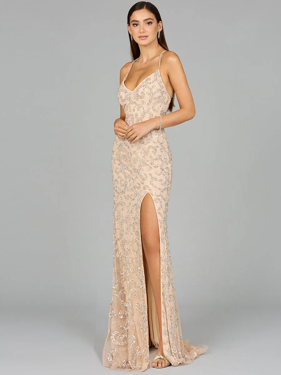 Sultry Beaded Gown with Slit by Lara New York — style 9950 in Nude