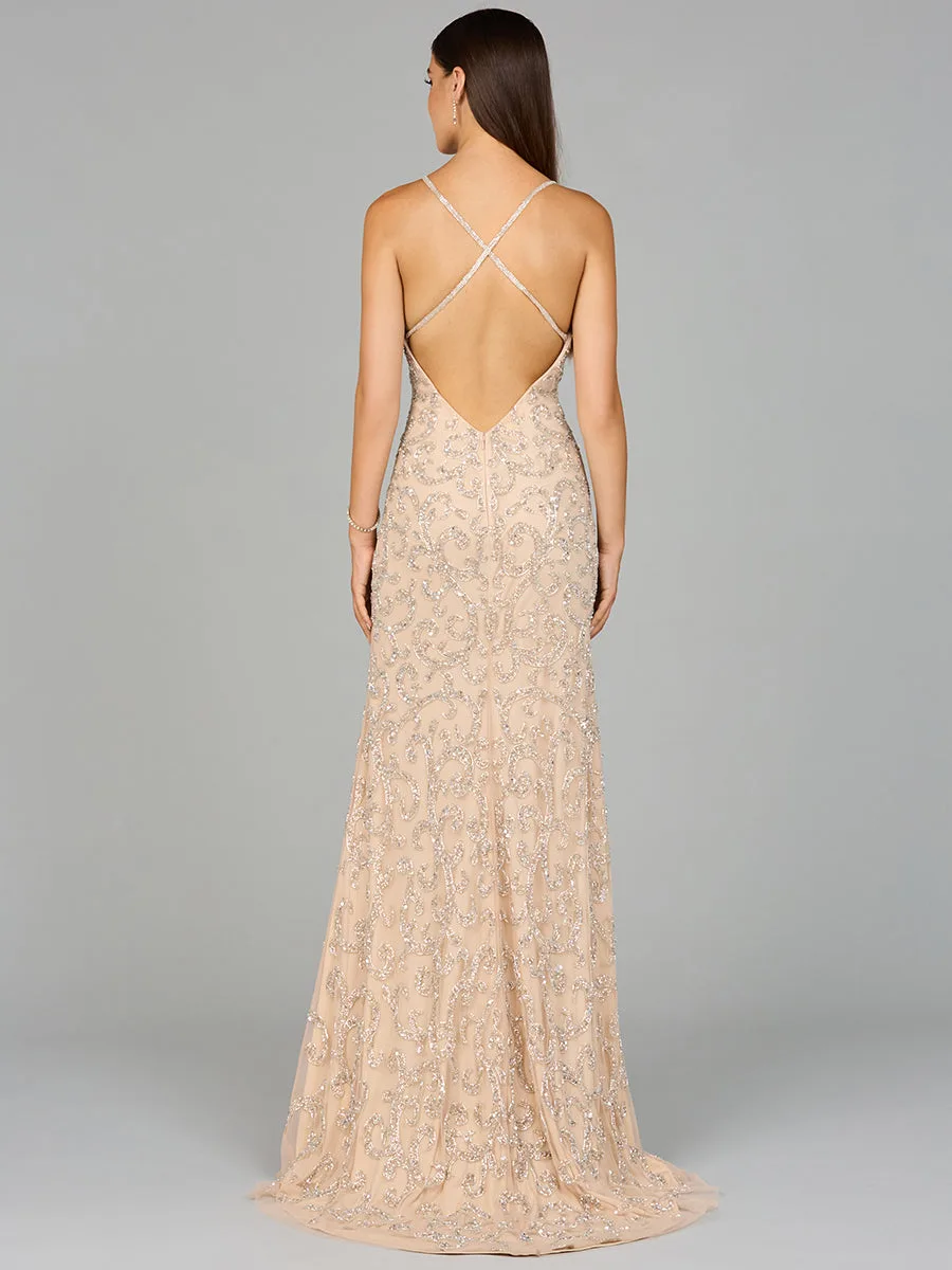 Sultry Beaded Gown with Slit by Lara New York — style 9950