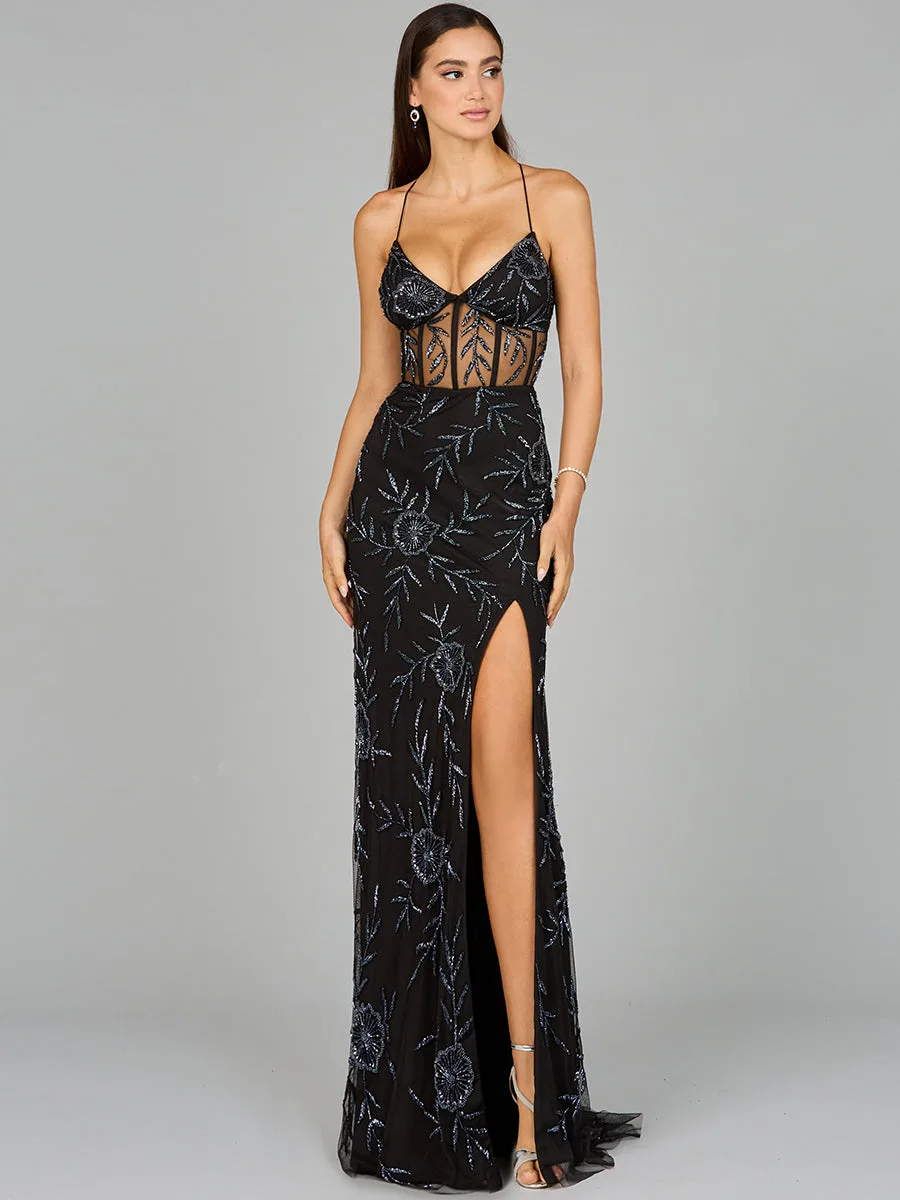 Corset Dress with Straps by Lara New York — style 9951 in Black/Gunmetal