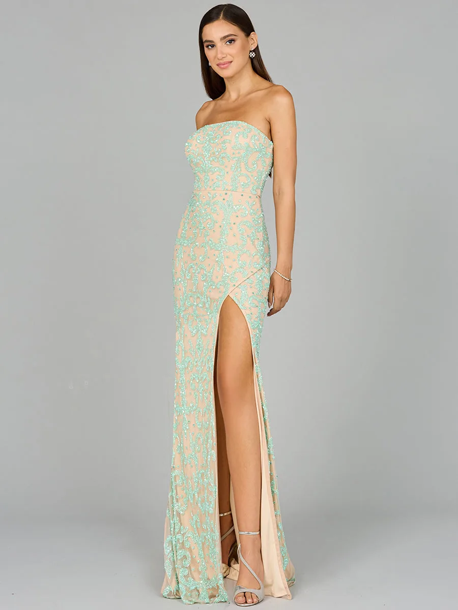 Beaded Strapless Dress with Slit by Lara New York — style 9952 in Nude/Mint