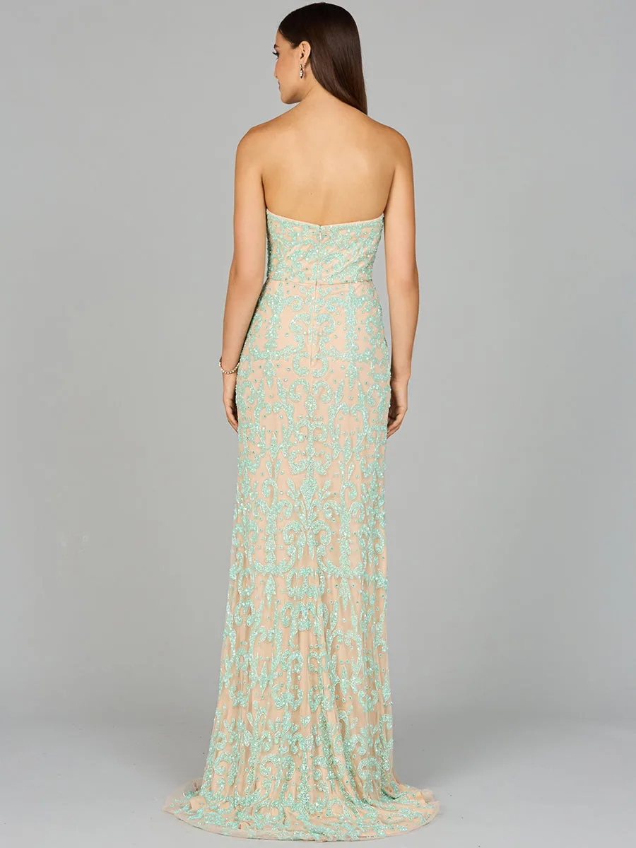 Beaded Strapless Dress with Slit by Lara New York — style 9952