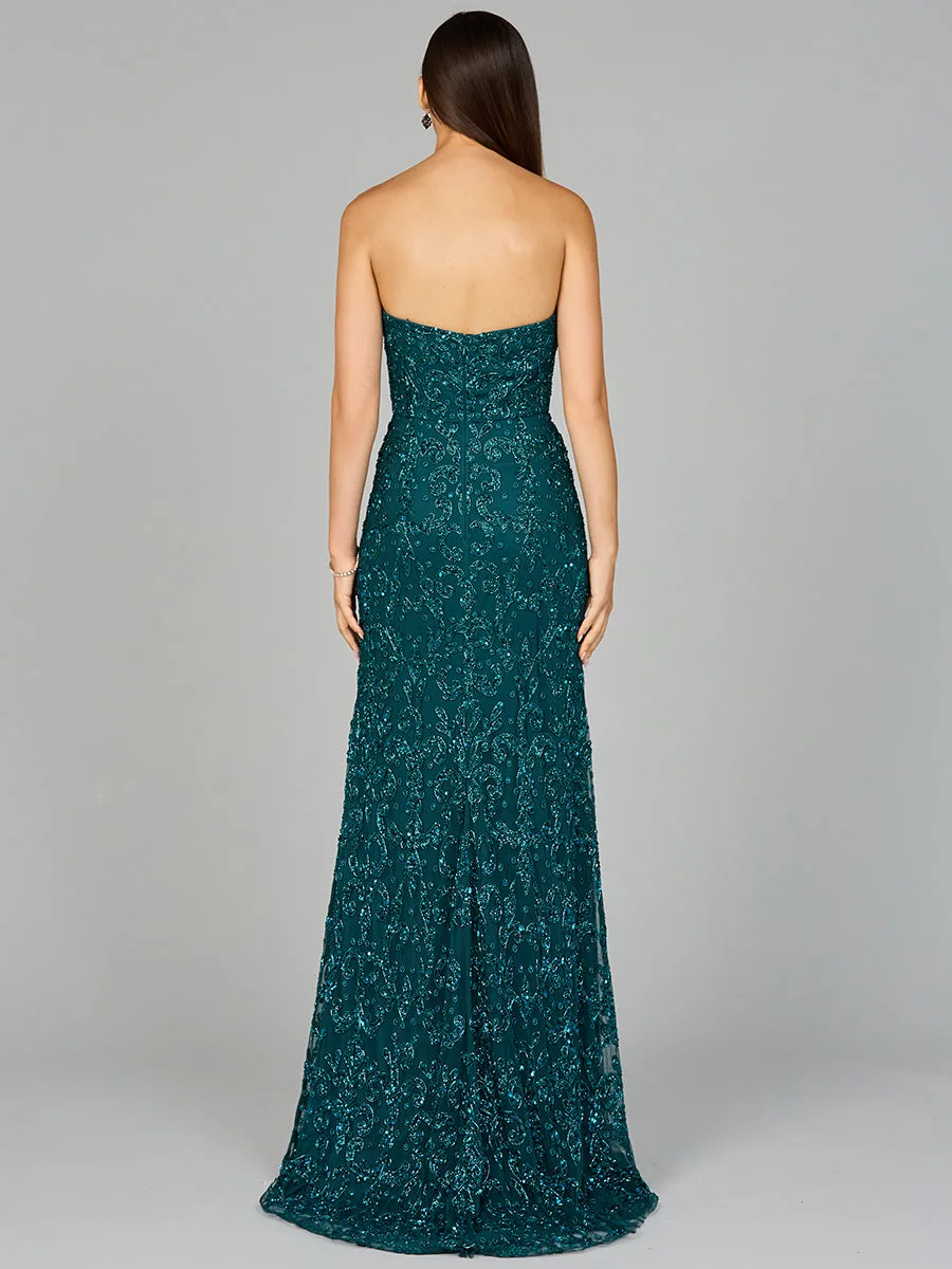 Beaded Strapless Dress with Slit by Lara New York — style 9952