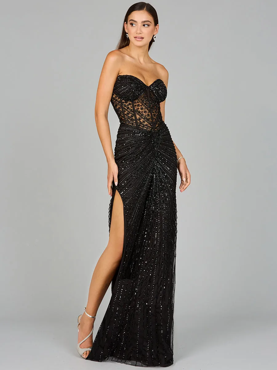 Embellished Strapless Gown with Slit by Lara New York — style 9953 in Black