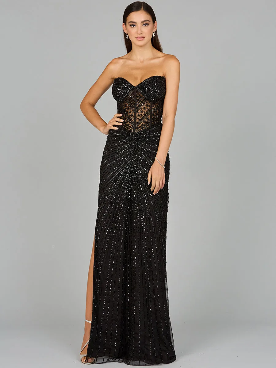 Embellished Strapless Gown with Slit by Lara New York — style 9953