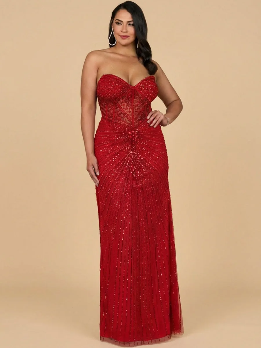 Embellished Strapless Gown with Slit by Lara New York — style 9953 in Red