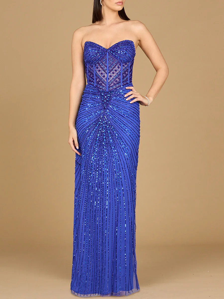 Embellished Strapless Gown with Slit by Lara New York — style 9953 in Sapphire