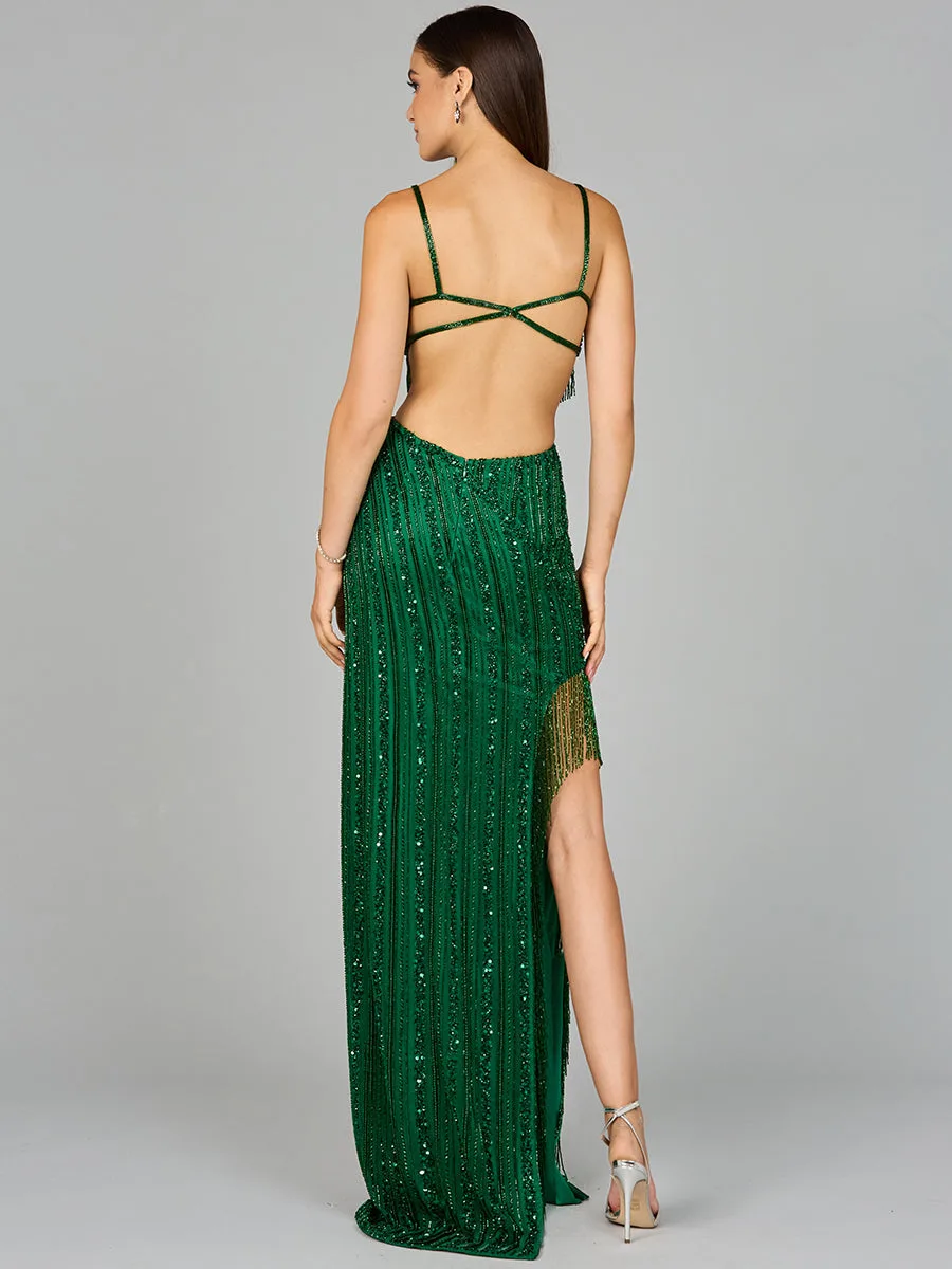 Cutout Beaded Gown with Fringes by Lara New York — style 9957
