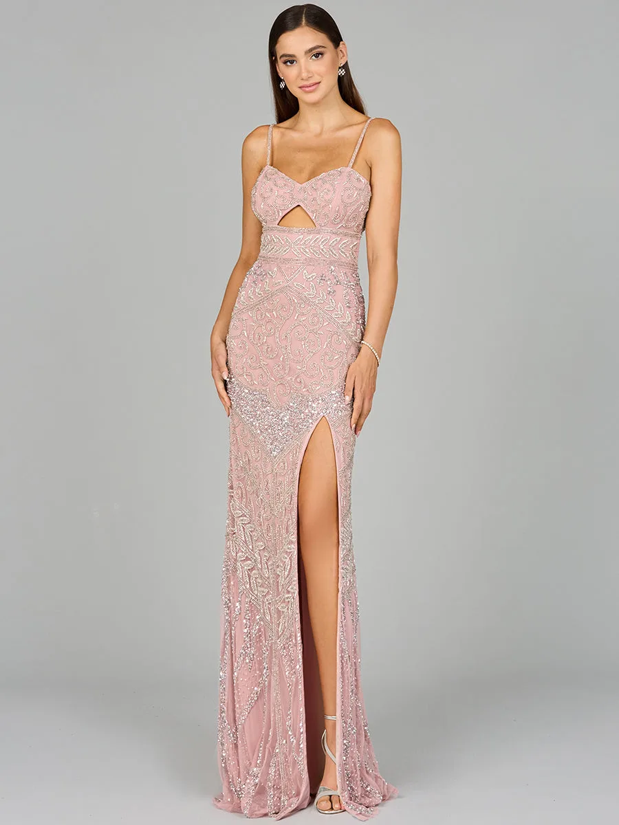 Embellished Gown with Slit And Low Back by Lara New York — style 9959