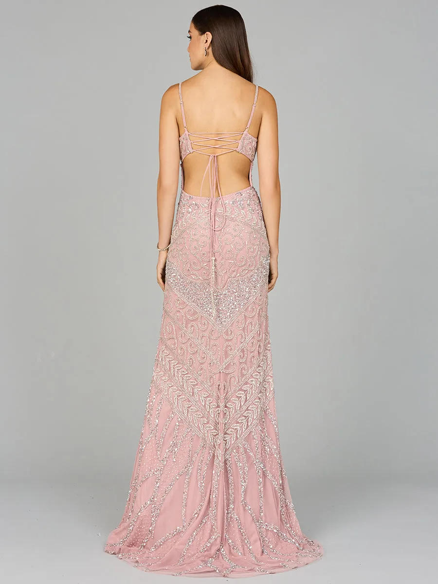 Embellished Gown with Slit And Low Back by Lara New York — style 9959